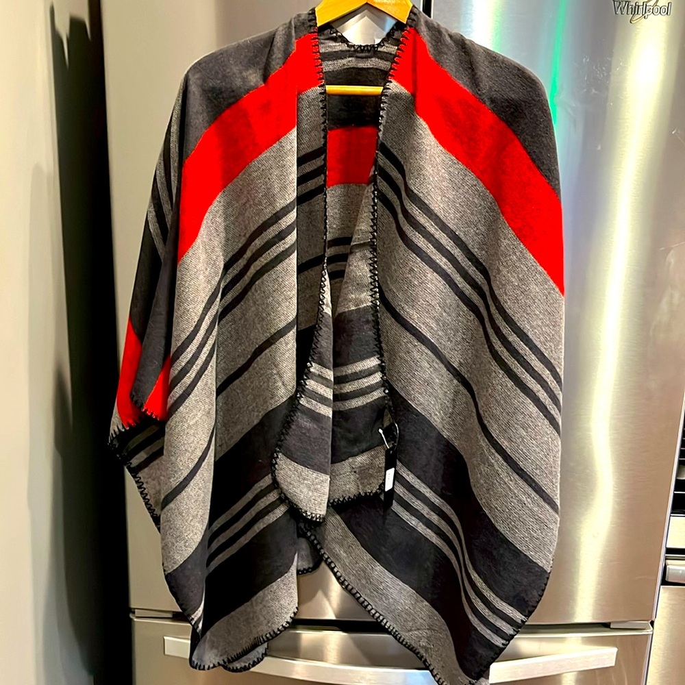 NEW Just Cozy GRAY RED STRIPED WRAP SHAWL CAPE PONCHO sweater Acrylic 52”x60” OS